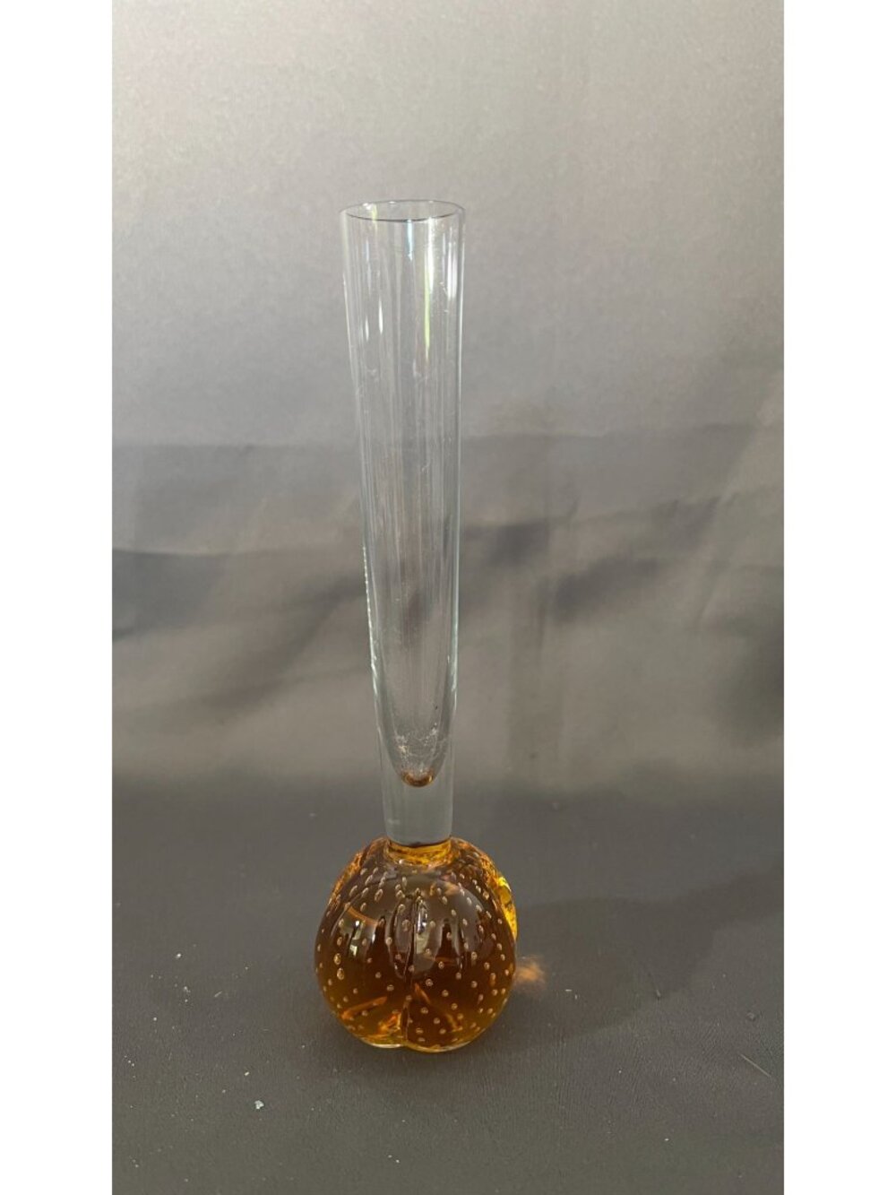 Amber Bubble Base Clear Blown Glass Bud Vase Elegant Handcrafted - Picture 1 of 5